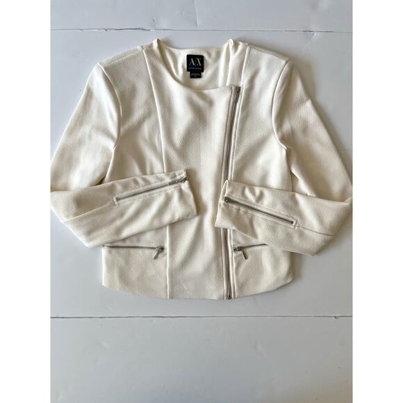 Armani Exchange Moto Jacket Women M Cream White Full Zipper Cropped Office - Picture 1 of 8